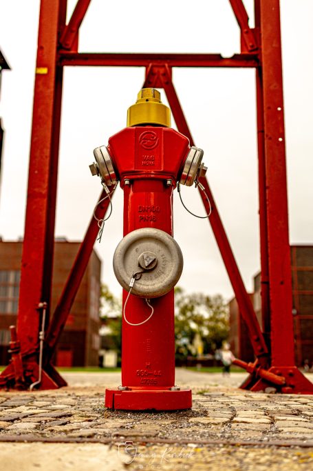 Roter Hydrant in städtischer Umgebung mit Gebäude im Hintergrund.